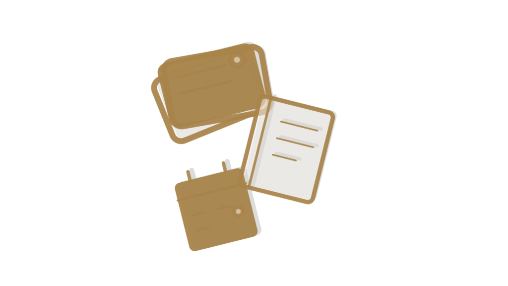 Fanned index cards, an open notebook and a calendar page arranged isometrically, showing quick FAQ lookups.