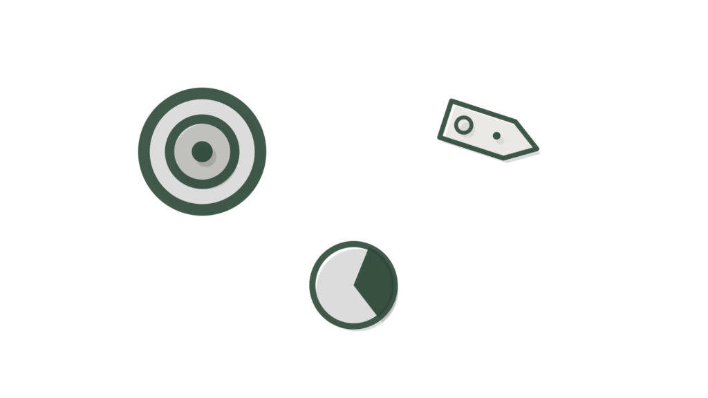 Target marker, luggage tag and pie-chart cutout representing hotel pace, pickup and rate tracking.