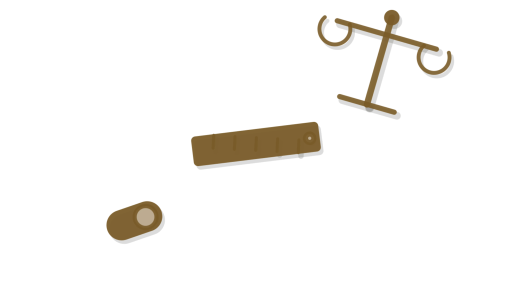 Brass toggle, ruler and scale stacked diagonally, standing in for headcount and attrition reporting.