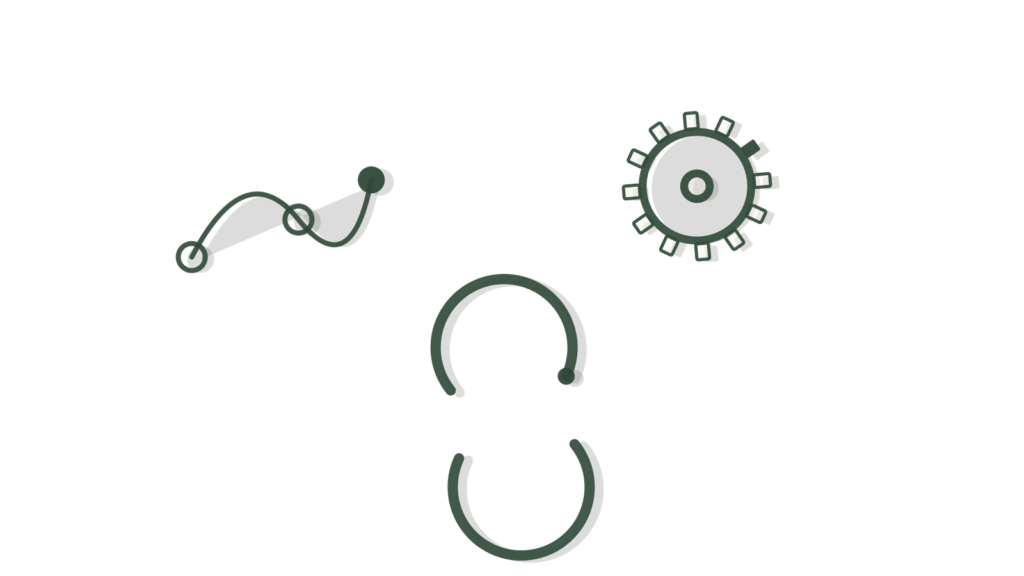 Flow line winding between a small gear and sync arrows, representing interview times resolved in the background.