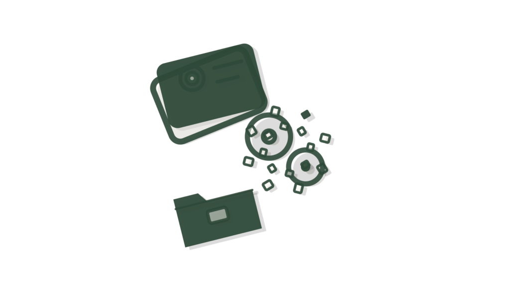Two blocks joined by a brass bridge with a folded card on top, showing invoices crossing into the ledger as bills.