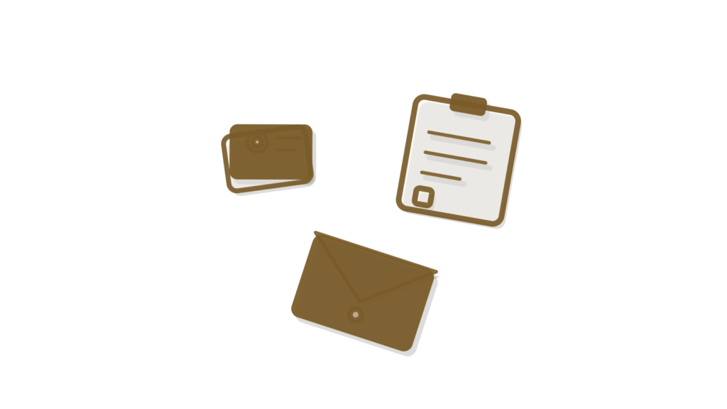 A stamp, a clipboard and a brass-edged envelope in a grid, suggesting invoices being checked and filed.