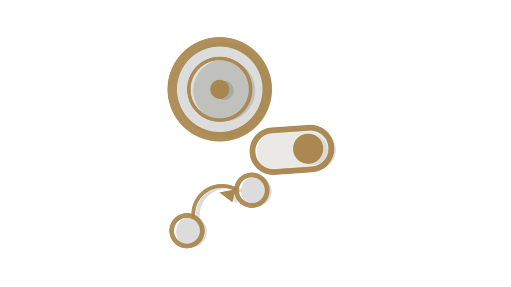 Token coin, switch toggle and appointment card in an isometric arrangement, representing menu-free call routing.