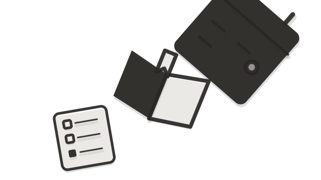 A checklist, book tab and calendar page stacked diagonally, showing a learner's progress step by step.