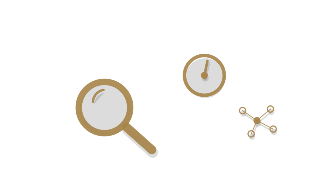 Magnifying glass over a dial beside a dot-network card, showing a KPI watched for a threshold breach.