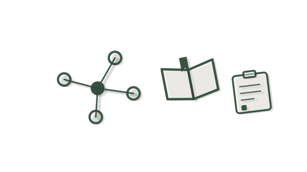 An open book with a ribbon tab, a dial gauge and pinned index cards, showing course enquiries measured for enrollment.