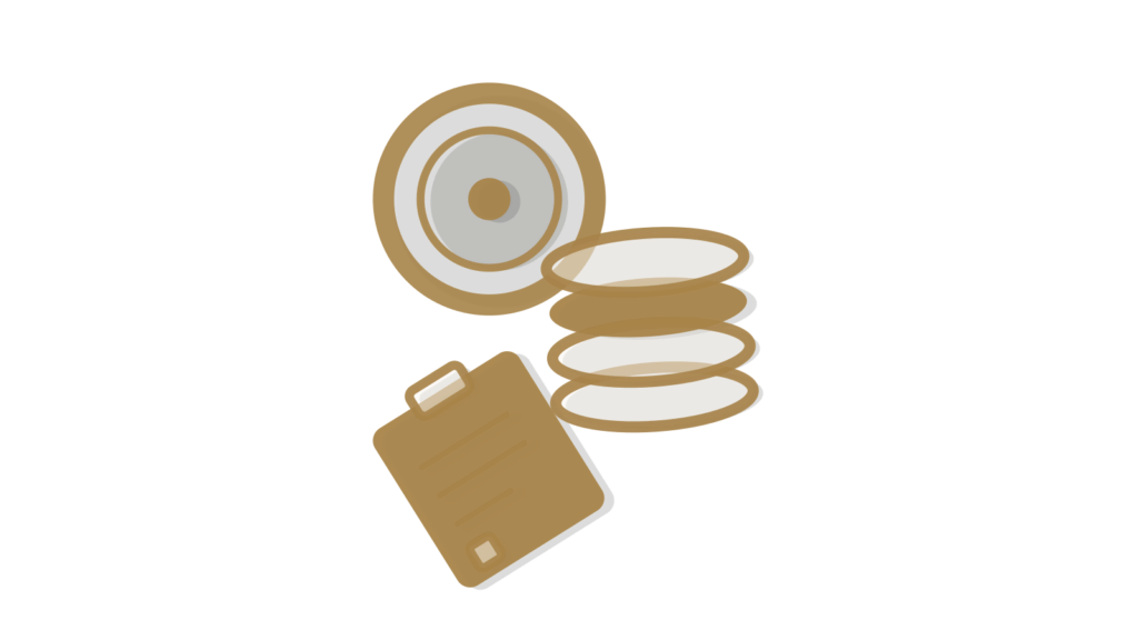 Brass coins beside a clipboard checklist and a level balance scale, showing a prospect's facts weighed before any advice.