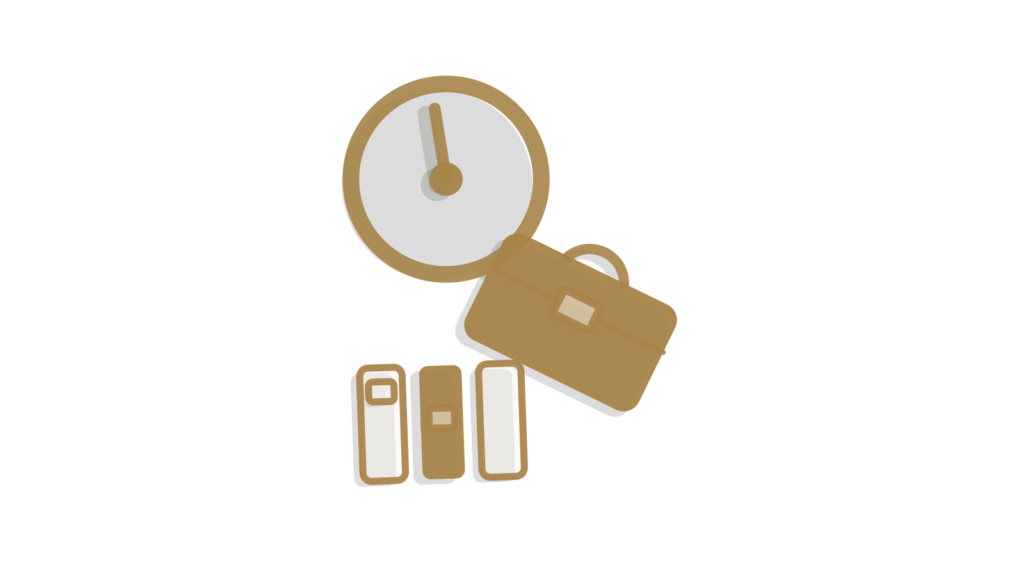 A briefcase beside a face-down desk clock and a ribboned folder, showing client intake done before billable time is spent.