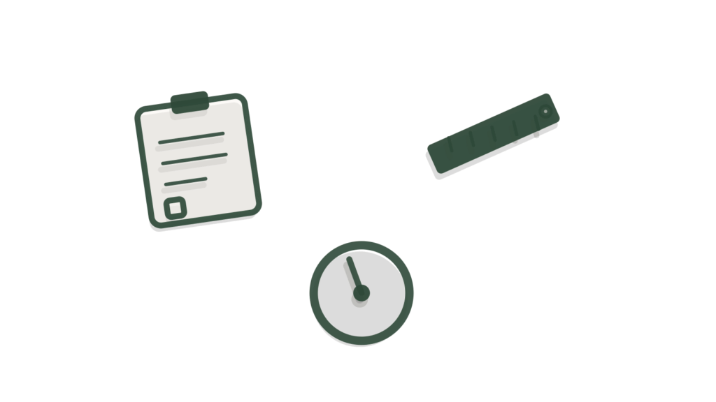 A clipboard, ruler and dial gauge on a desk, showing a lead being measured against set criteria.
