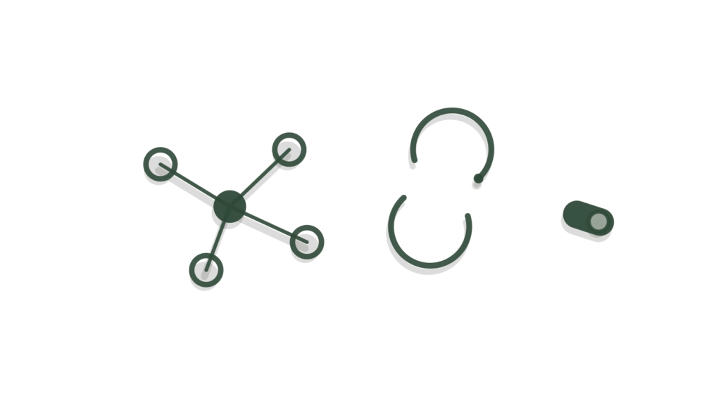 A connected pin network beside sync arrows and a toggle switch, showing a lead routed to the right owner.