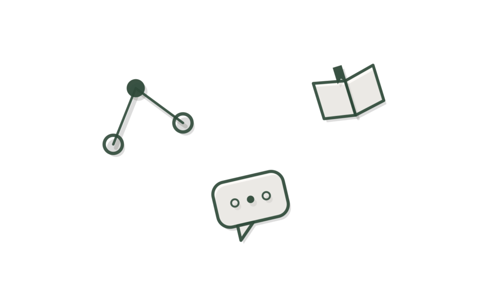 Open book beside scattered chat tokens and a branching brass wire, showing course questions answered.