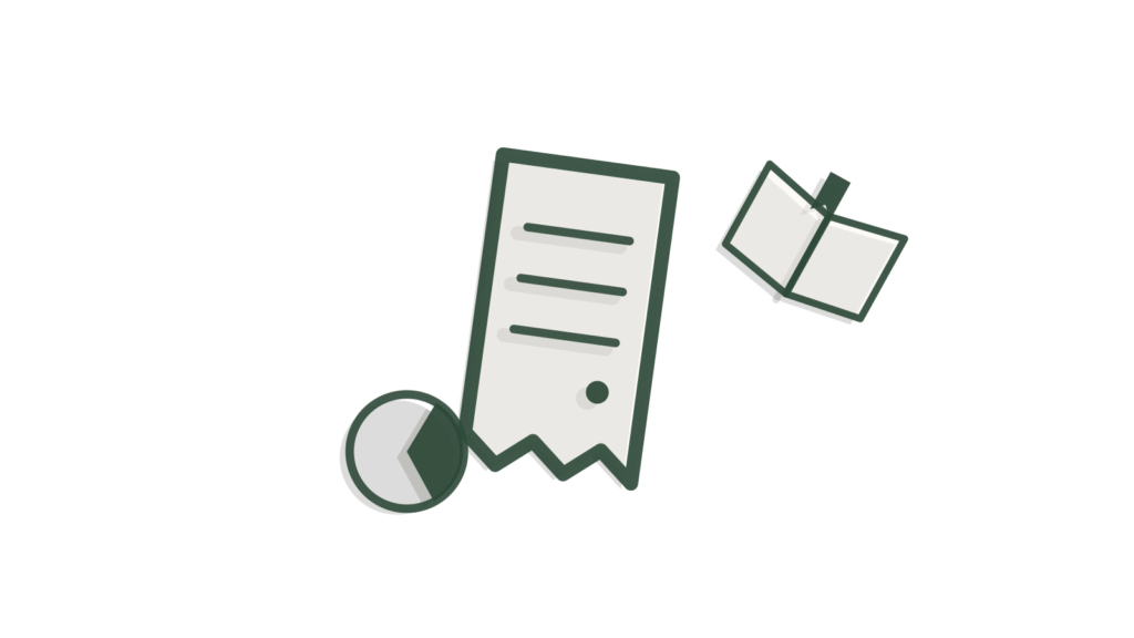 A paper receipt, book tab and pie-chart wedge as layered cut-paper shapes, showing a personalized path.