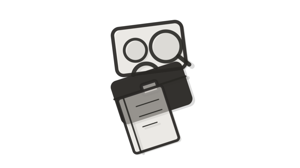Sliced folder stack, briefcase and notebook, showing legal documents sorted and tagged by type.