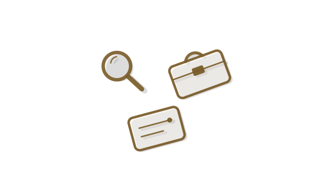Grid of a magnifying glass, small briefcase and index card, showing tracked legal sources turned into a brief.