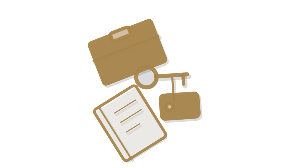 Brass box, key tag and open notebook arranged isometrically, showing property details turned into listing copy.