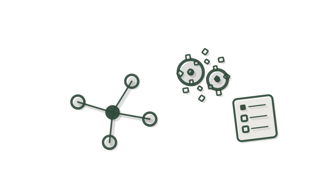 An open notebook with three pebbles each trailing a green thread, showing meeting actions sent out to their owners.