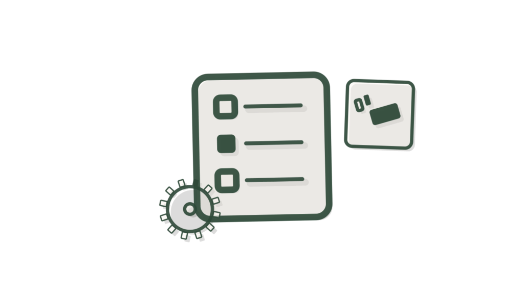 A brass bell before a string line of paper tags, one green, showing action items announced to their owners.