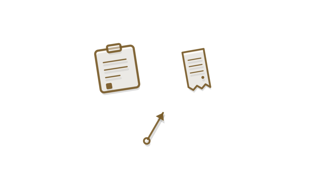 Clipboard, receipt and arrow arranged in a grid, standing for a reply converted into a booked meeting.