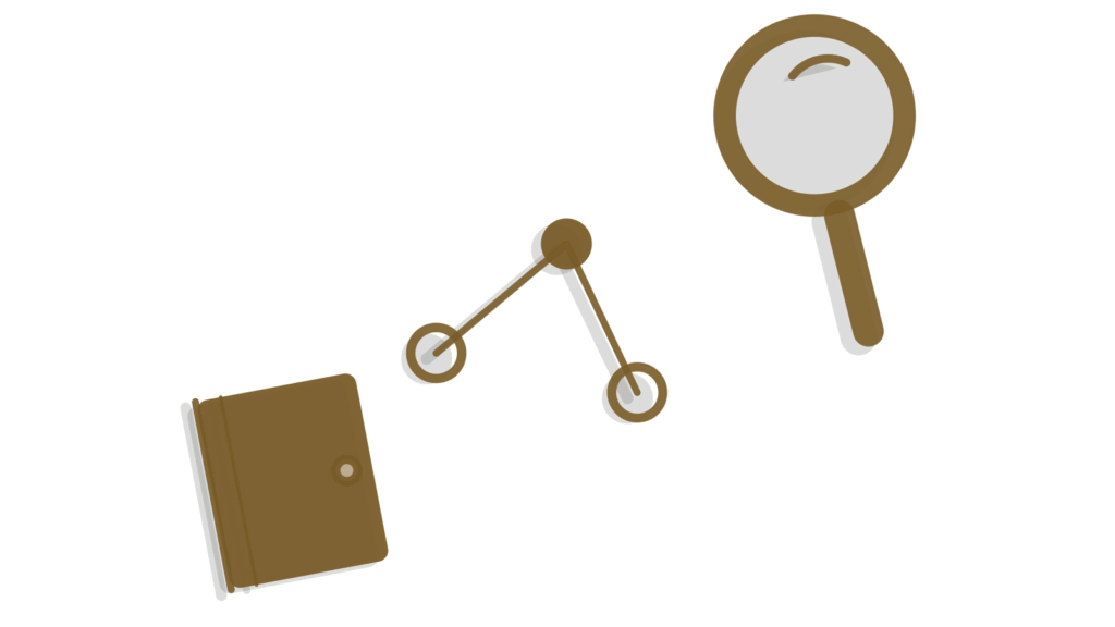 A closed book with flow nodes and a brass magnifying glass stacked diagonally, showing answers found fast.
