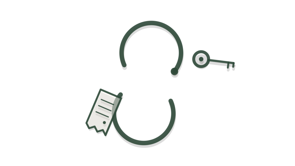 Paper-cut sync arrows, a brass key and a ticked receipt, showing tools logged in a register.