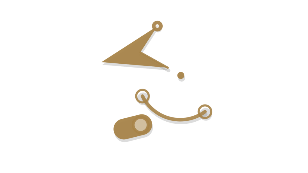 Isometric brass flow nodes, a bridge arc and a switch toggle, showing a process moving through decisions.