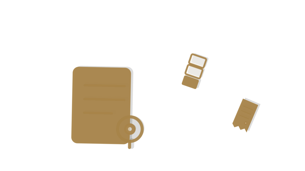 Brief card, stacked content blocks and a receipt arranged together, standing for ongoing multilingual output.