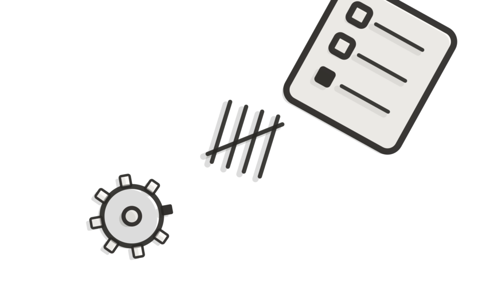 Brass gear, tally stick and checklist card stacked diagonally, standing in for an automated exit process.