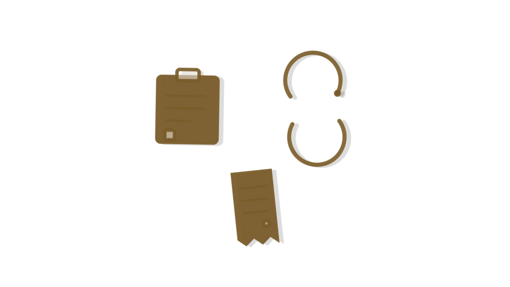 A clipboard, looping sync arrows and a curled receipt arranged in a grid, showing an order tracked and updated.