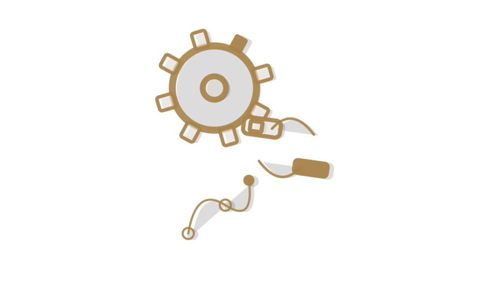 A gear, an exchange tray and a flow line arranged isometrically, representing a shipment tracked and updated in motion.