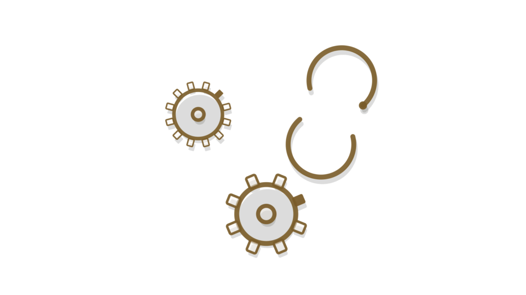 Small gears and a sync-arrow piece arranged in a neat grid, showing a personal routine running in order.