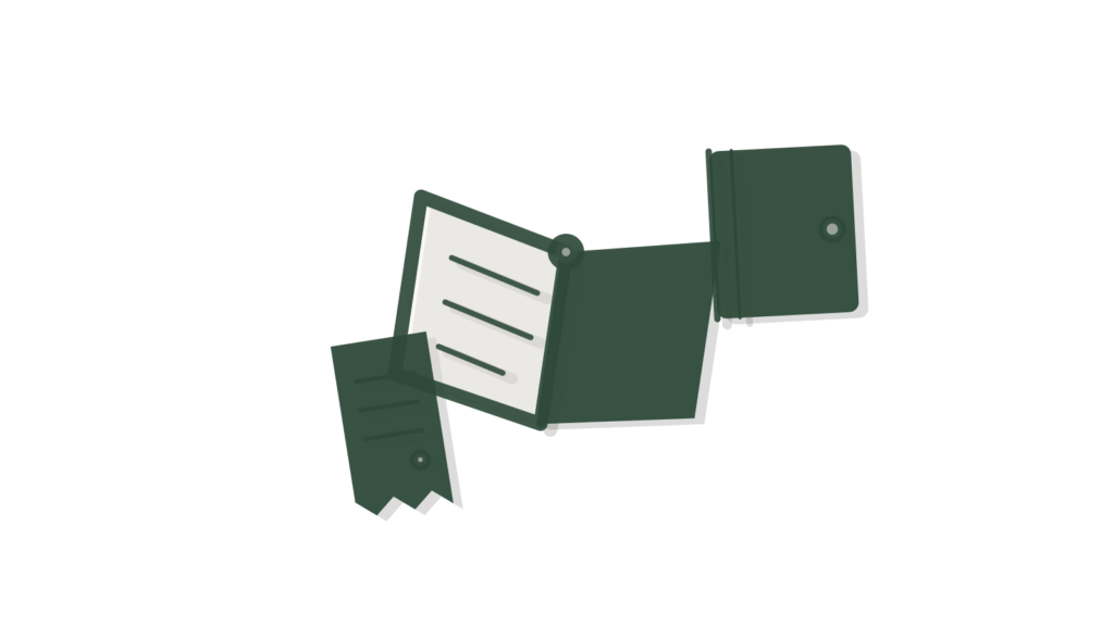 Open and closed paper books with a receipt tucked between, showing a policy answer found and cited.
