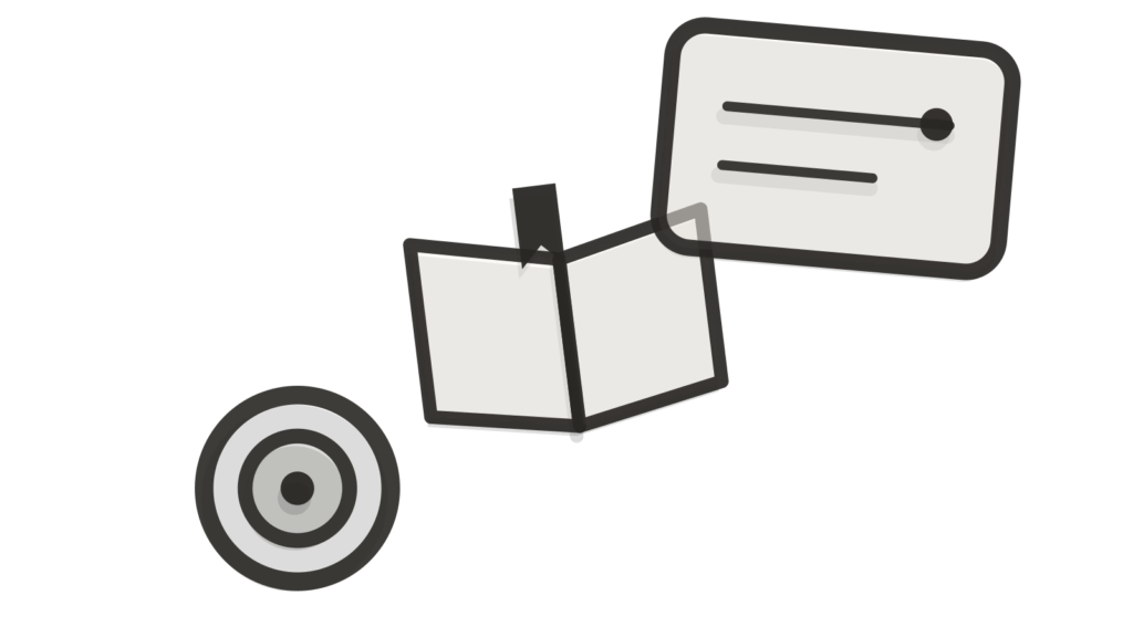 Book with a page tab and a target ring stacked diagonally, standing for policy answers pinpointed exactly.