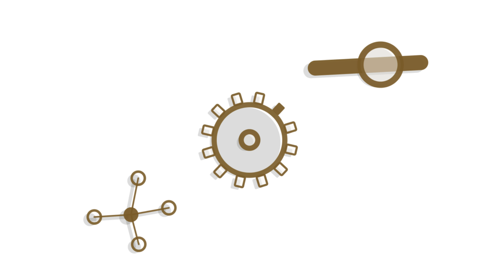 A dot-network ornament, small gear and slider stacked diagonally, representing an order's post-purchase sequence.