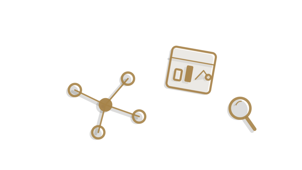 A linked-node charm, a tile card and a magnifying glass, suggesting connections found across a media landscape.