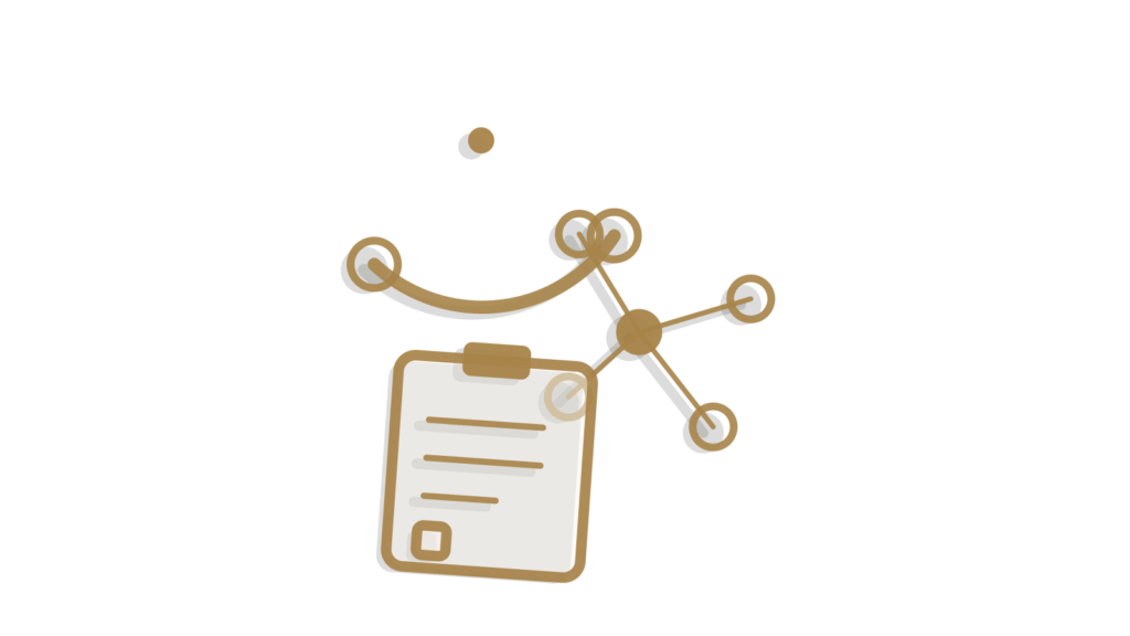 A wire bridge arc, pinned dot network and clipboard shown isometrically, representing category research.