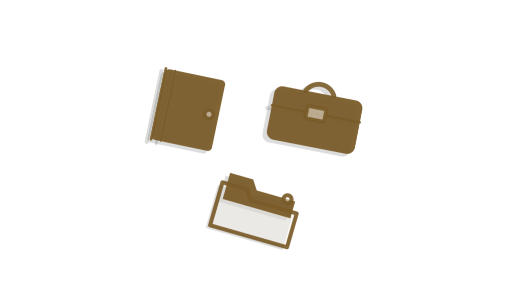 Closed book, briefcase and stacked folders in a grid, showing firm knowledge made searchable and cited.