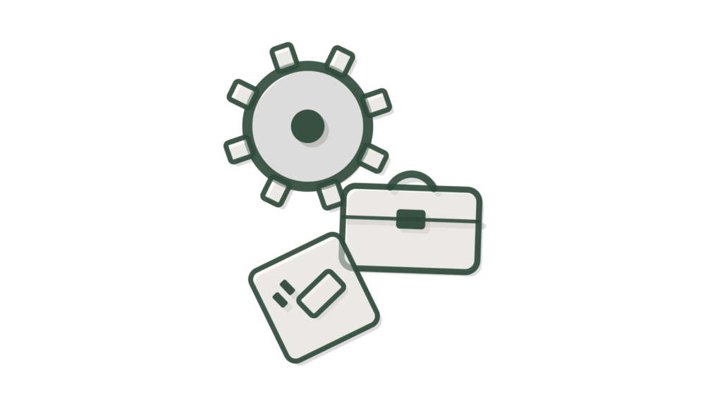 Three cards on stands with a check token and an hourglass, showing work done, work next and items waiting on the client.