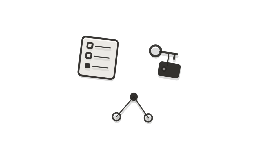 Checklist, key tag and flow nodes in a small grid, representing answered questions for one property listing.