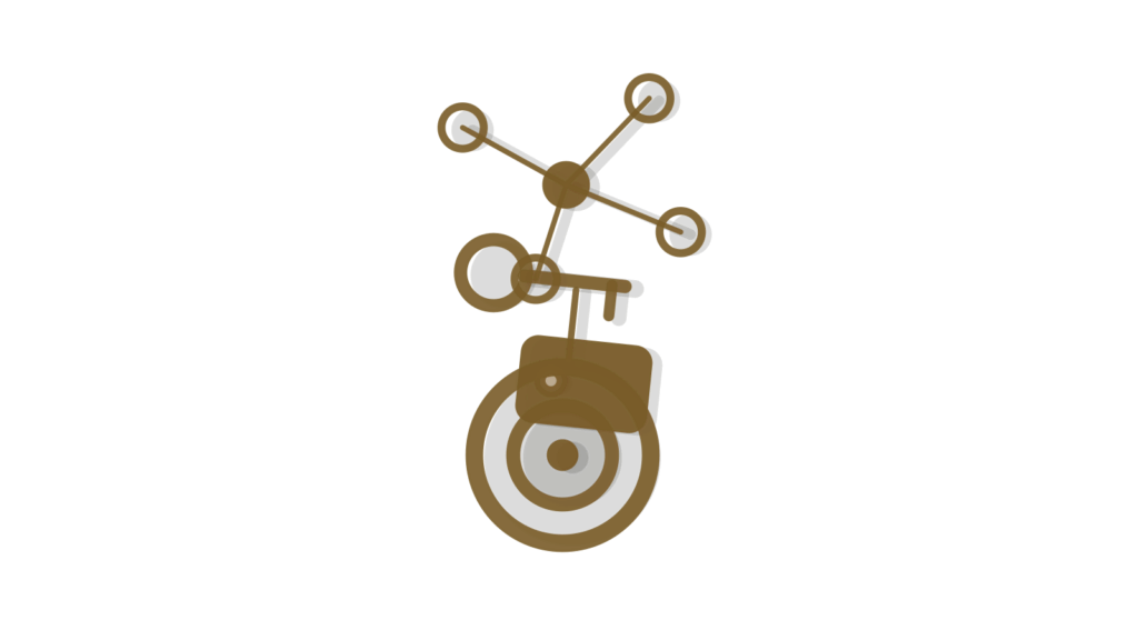 Brass pins linked by thread beside a key tag and concentric rings, showing buyer criteria matched to listings.