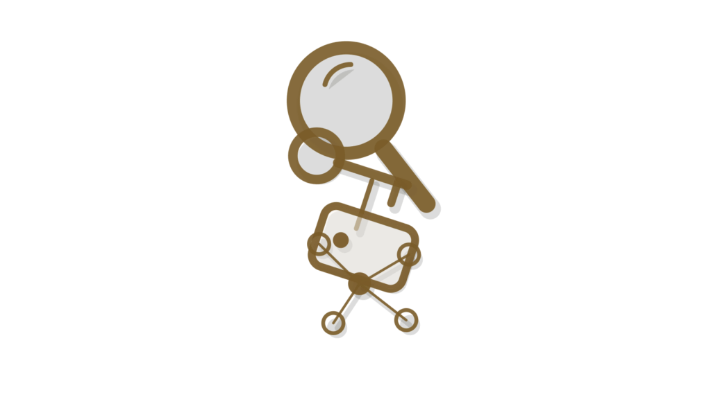 Brass magnifying glass over a key tag with linked pins beneath, showing property research gathered into a brief.