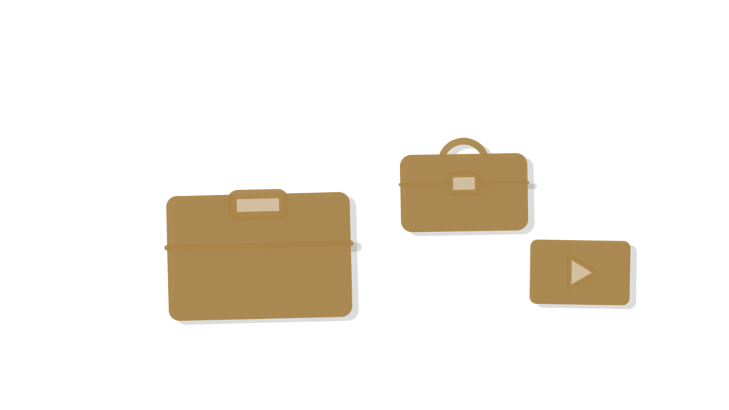 Box, briefcase and an empty brass frame shape, showing a client proposal drafted and ready for review.