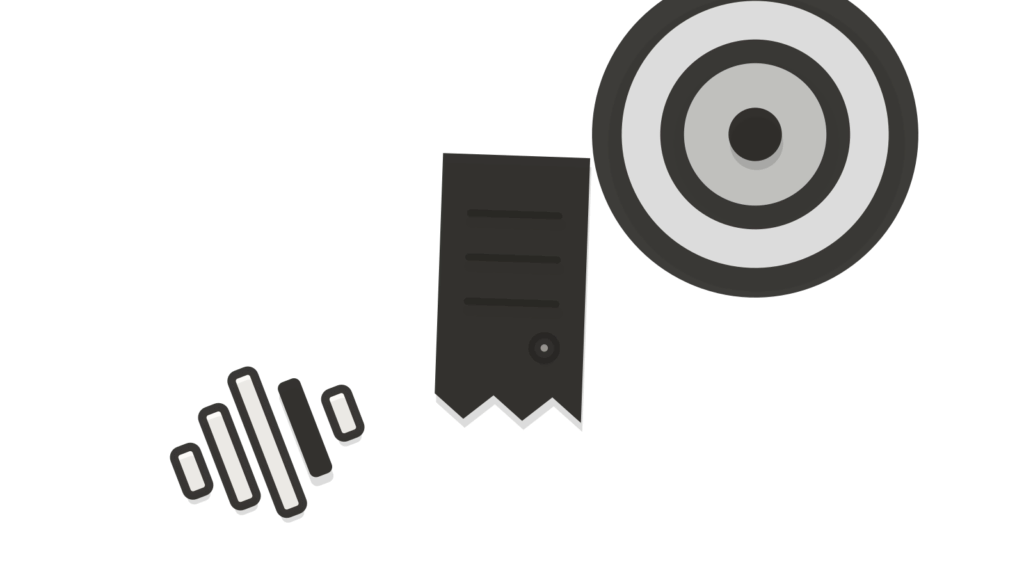 A sound wave shape stacked over a receipt and a target ring, showing a prospect brief ready before a call.
