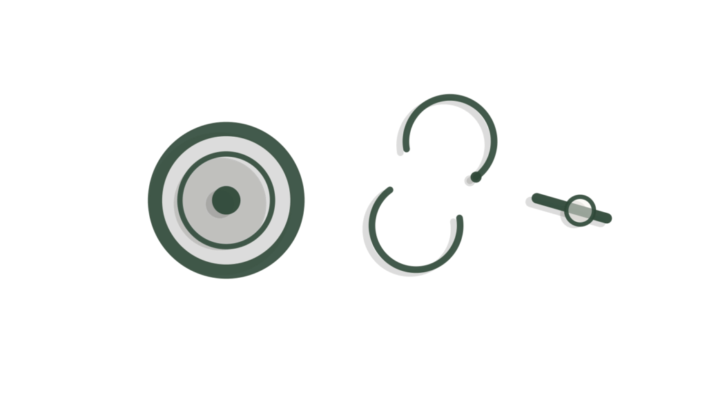 A brass token, sync-arrow shapes and a slider arranged overhead, suggesting a purchase order tracked to close.