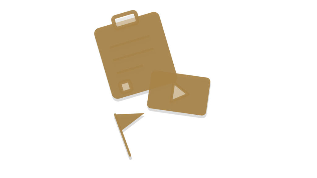 Isometric clipboard, paper frame icon and a green pennant, standing in for a quarterly review deck assembled and flagged.