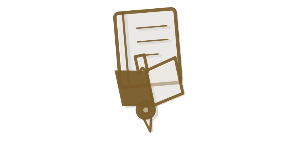 A notebook cut open around a book tab and brass pin, showing quiz questions drawn from course material.