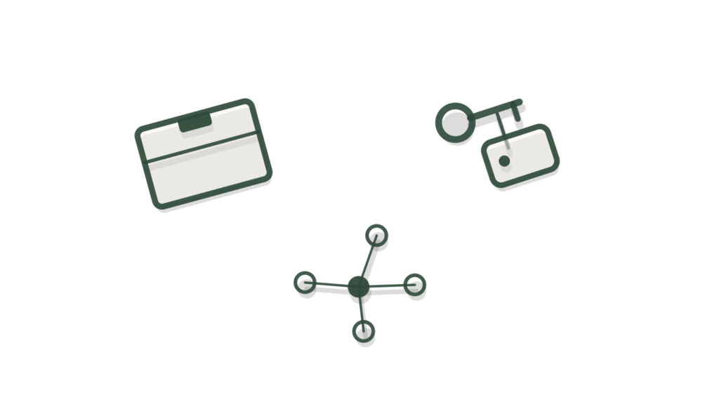Small brass box, key tag and scattered pins on linen, showing scheduled follow-up after a showing.