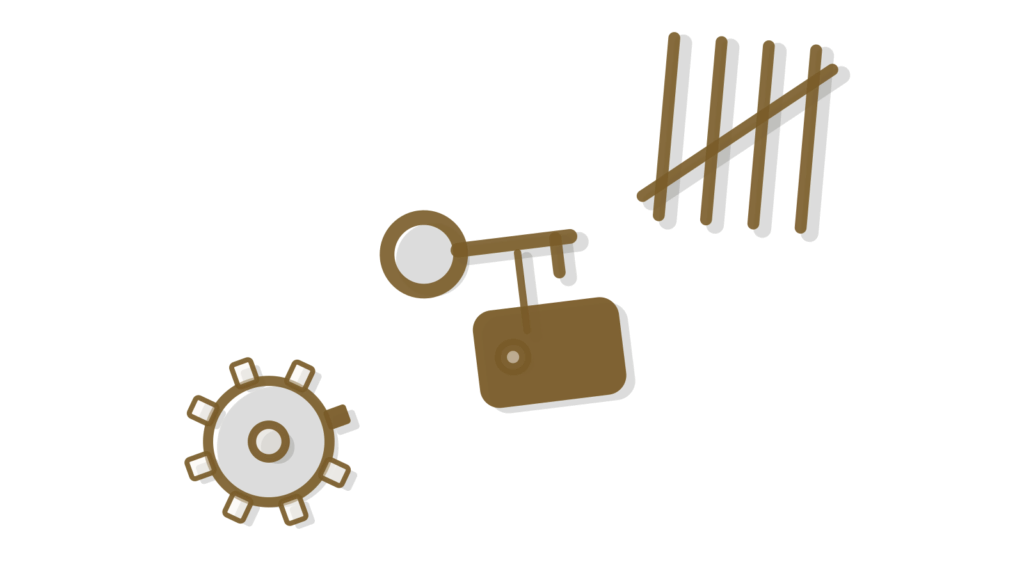 Gear, key tag and counter token in a diagonal stack, representing real estate leads qualified and routed.