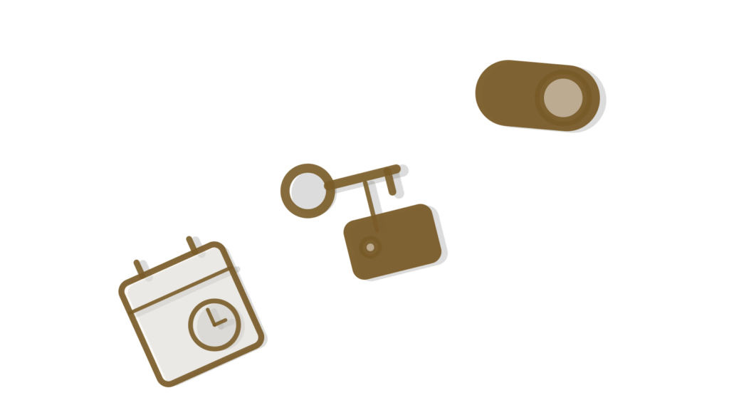 Brass nodes, a key tag and a toggle switch stacked diagonally, showing client questions routed to an answer.