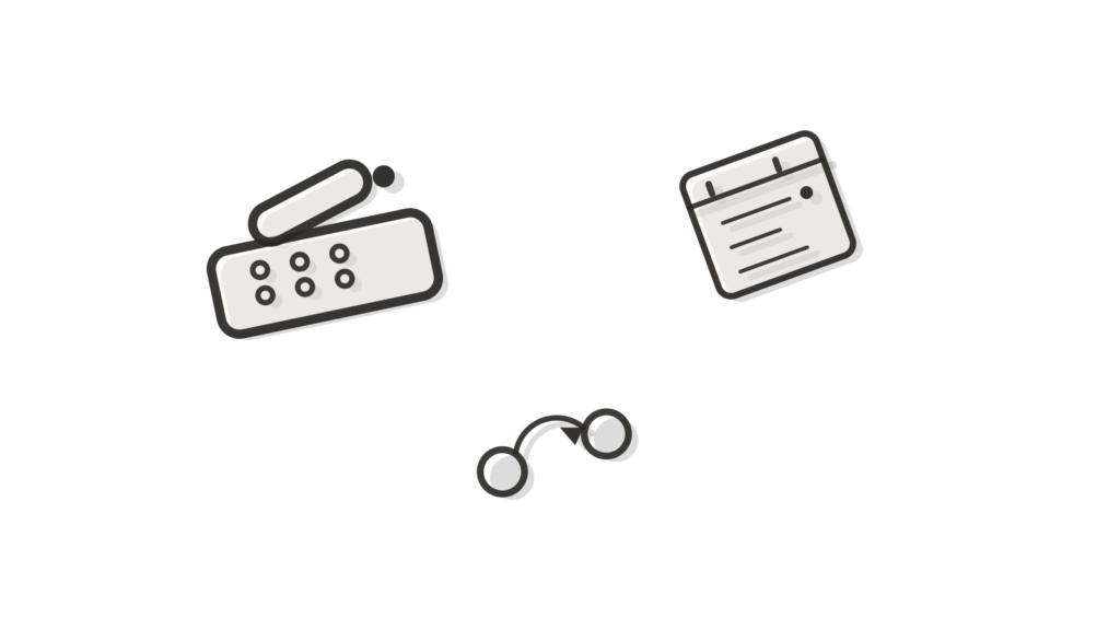 A calm still-life of a desk phone beside an appointment card, a curved transfer arrow and a small round disclosure badge on a desk