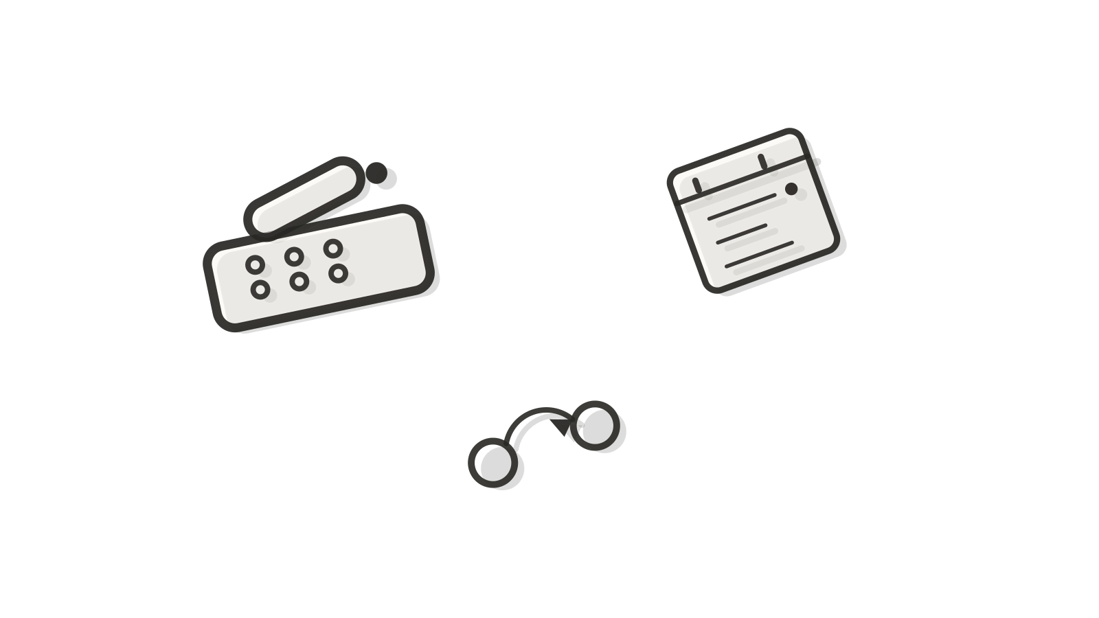 A calm still-life of a desk phone beside an appointment card, a curved transfer arrow and a small round disclosure badge on a desk